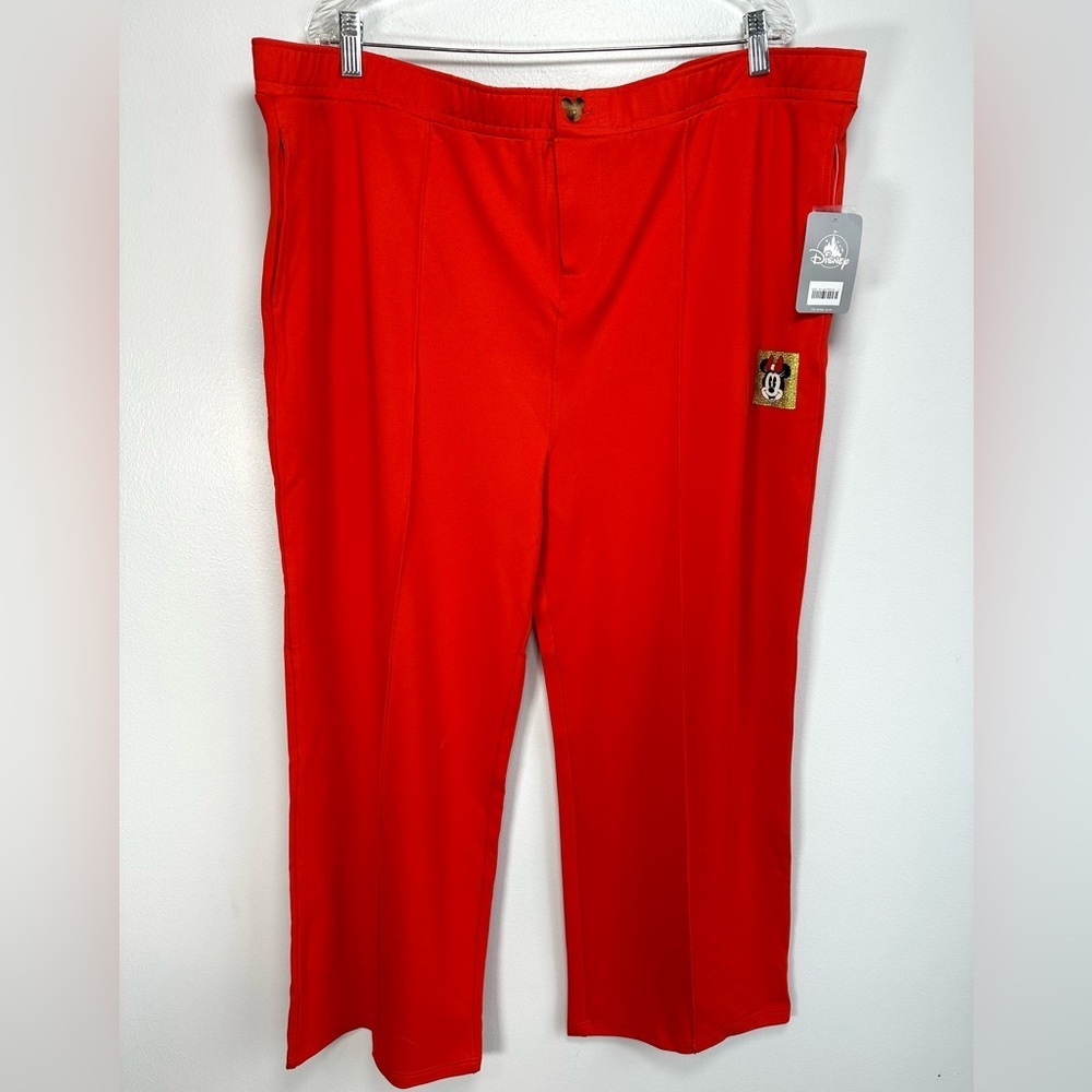 Disney Vibrant Red Orange Wide Leg High Rise Pants Size 1x Stretch Mickey Logo